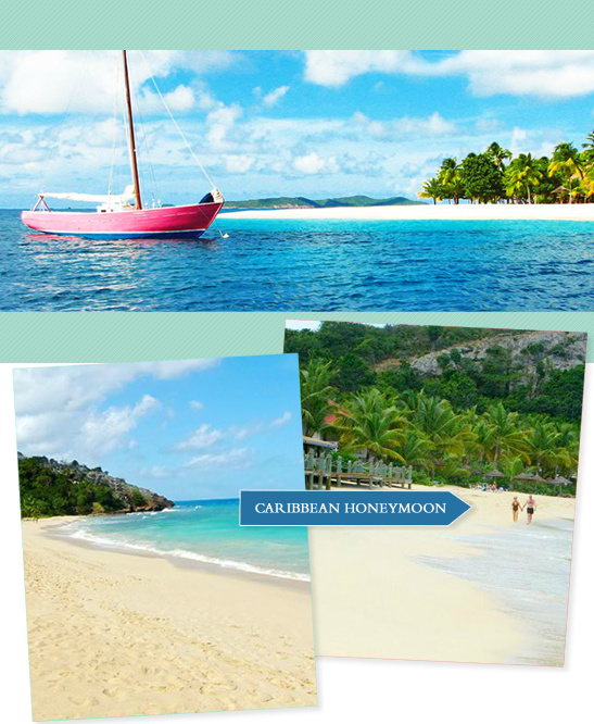 Caribbean honeymoon vacation with boat and beach views