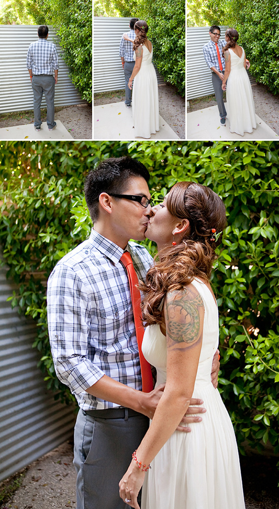 Bride and groom's first kiss, happy wedding day