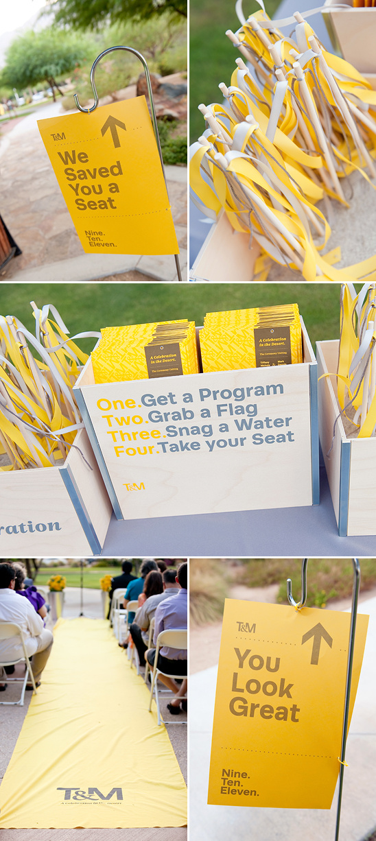 Yellow wedding ceremony signage:  reserved seats, programs, flags, and water