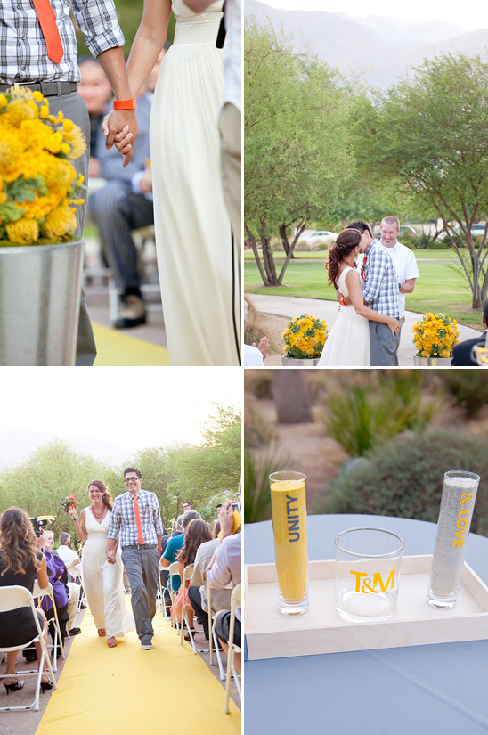 Wedding ceremony moments: unity sand ceremony, yellow aisle