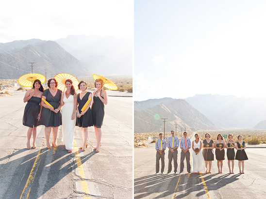Desert wedding party with yellow parasols