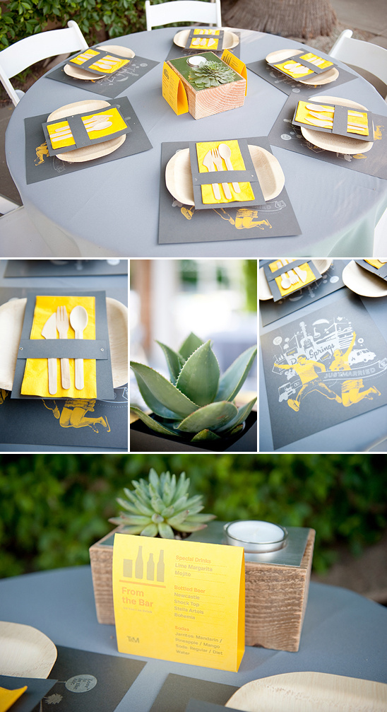 Elegant outdoor party place settings with yellow and gray theme