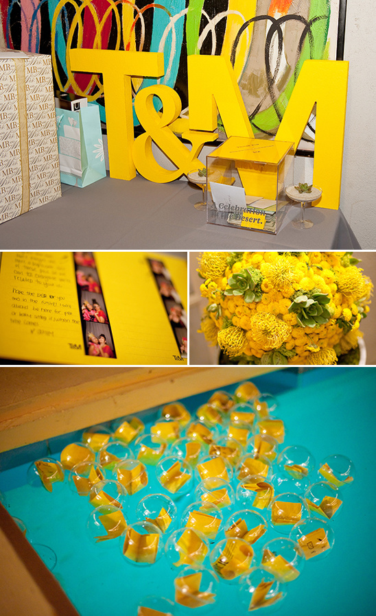 Yellow wedding decor: T&M initials, gift box, & wishes
