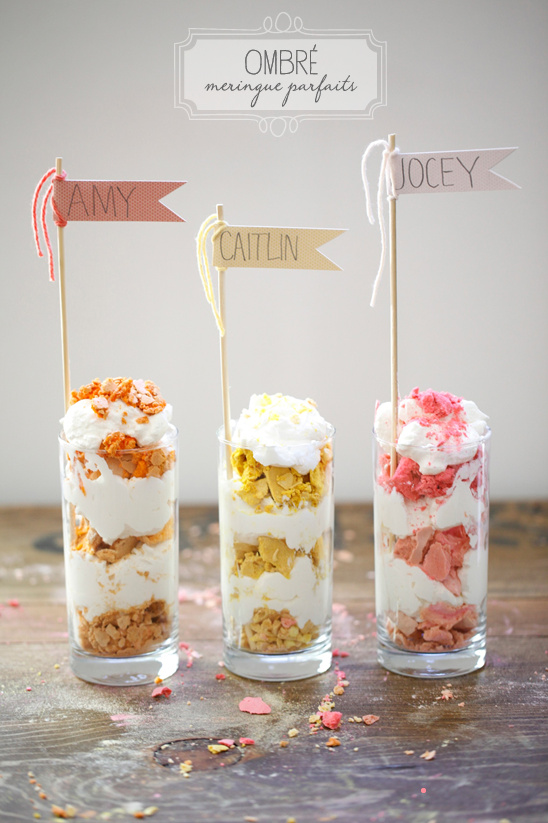 Colorful ombre meringue parfaits in glasses