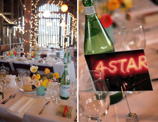 Rustic barn wedding table with 4-star neon sign