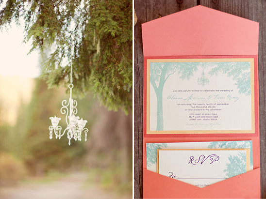 Elegant wedding invitation with hanging chandelier detail