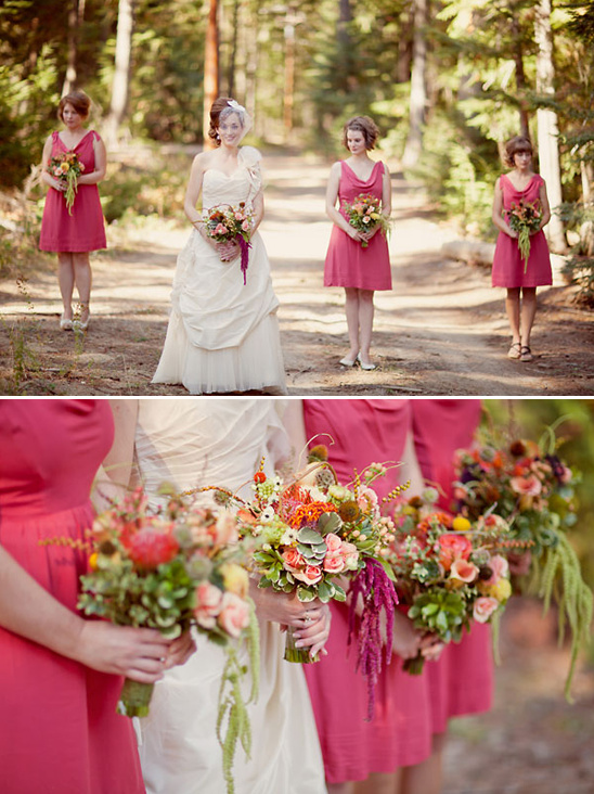 Bride and bridesmaids in pink dresses with bouquets