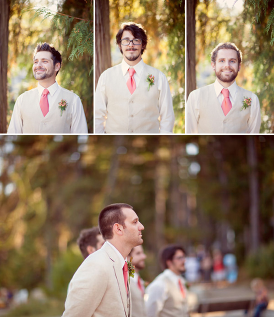 Groomsmen in tan vests, coral ties, outdoor wedding