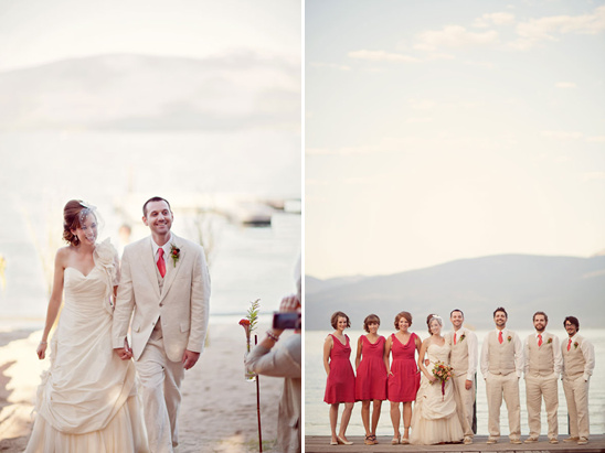 Bride and groom walking, bridesmaids and groomsmen