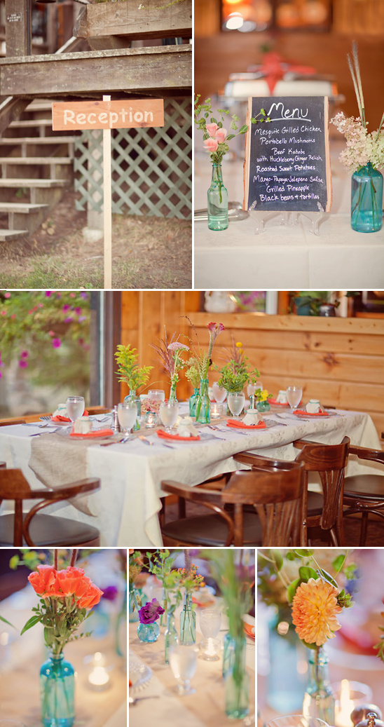 Rustic wedding reception details with flowers and menu