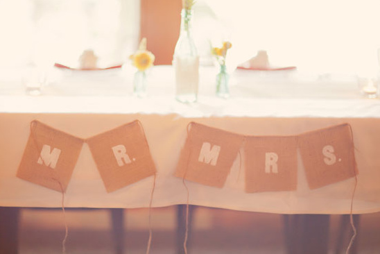Rustic Mr and Mrs burlap banner wedding table decor