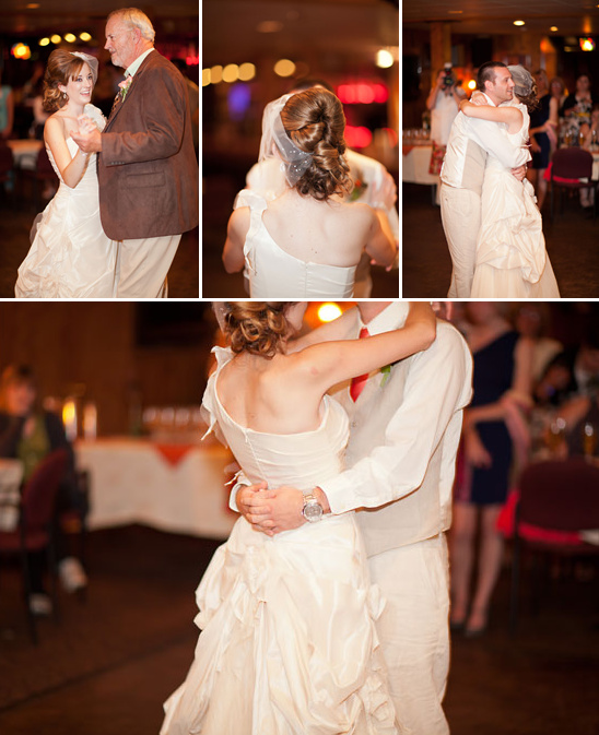 Bride dances with father groom during wedding reception