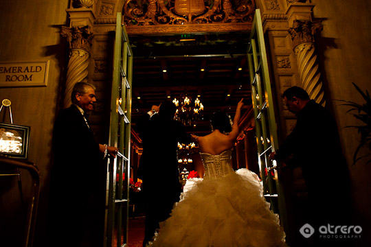 Wedding couple exiting Emerald Room
