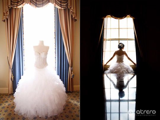 Stunning bridal gown displayed, then bride posing by window