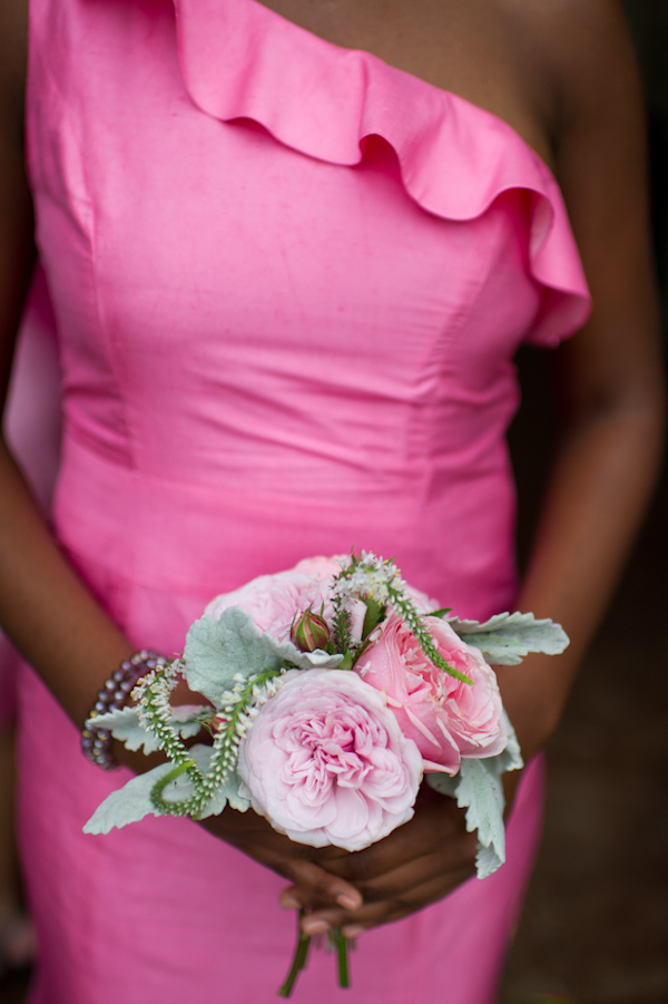 One Shoulder Bridesmaids Dress Pink Bouquet
