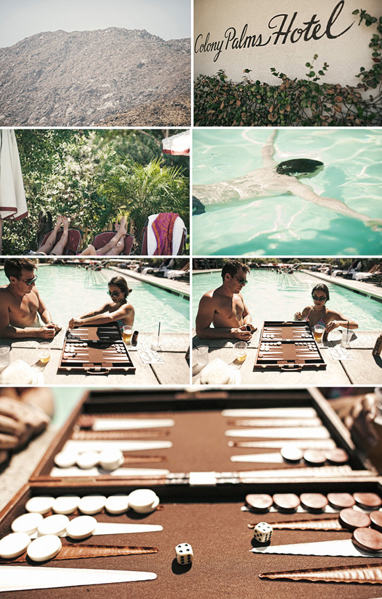 Couples playing backgammon by Colony Palms Hotel pool