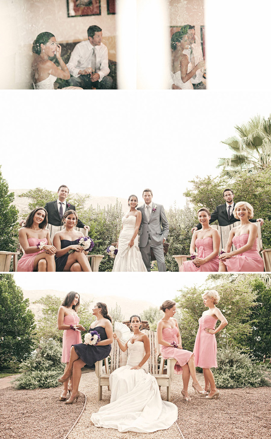 Bride and bridesmaids in pink dresses at wedding