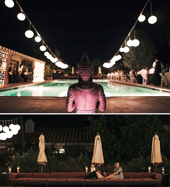 Nighttime pool party with Buddha statue