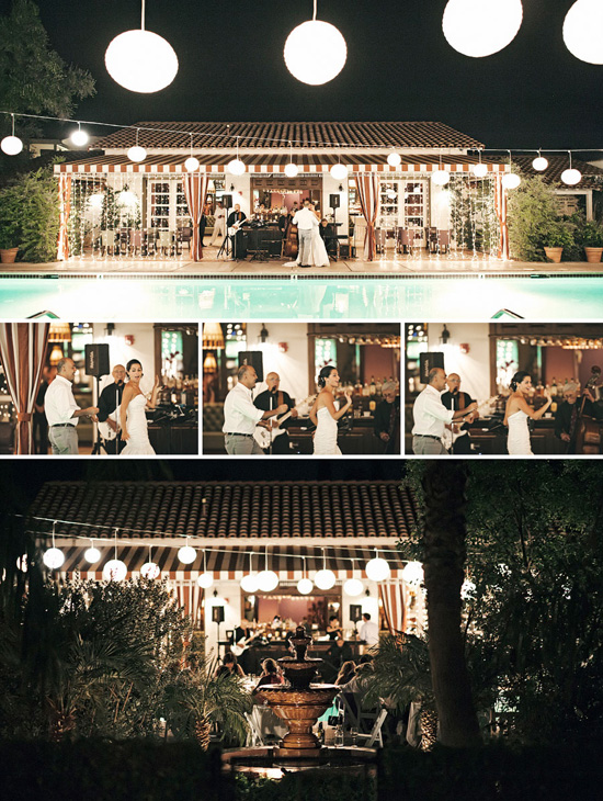Outdoor wedding reception by pool