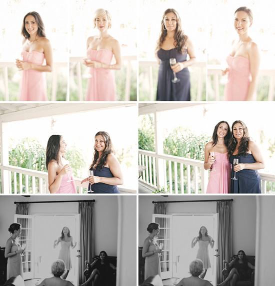 Bridesmaids in pink and blue dresses celebrating