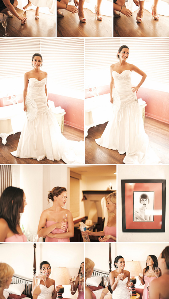 Bride getting ready in wedding dress