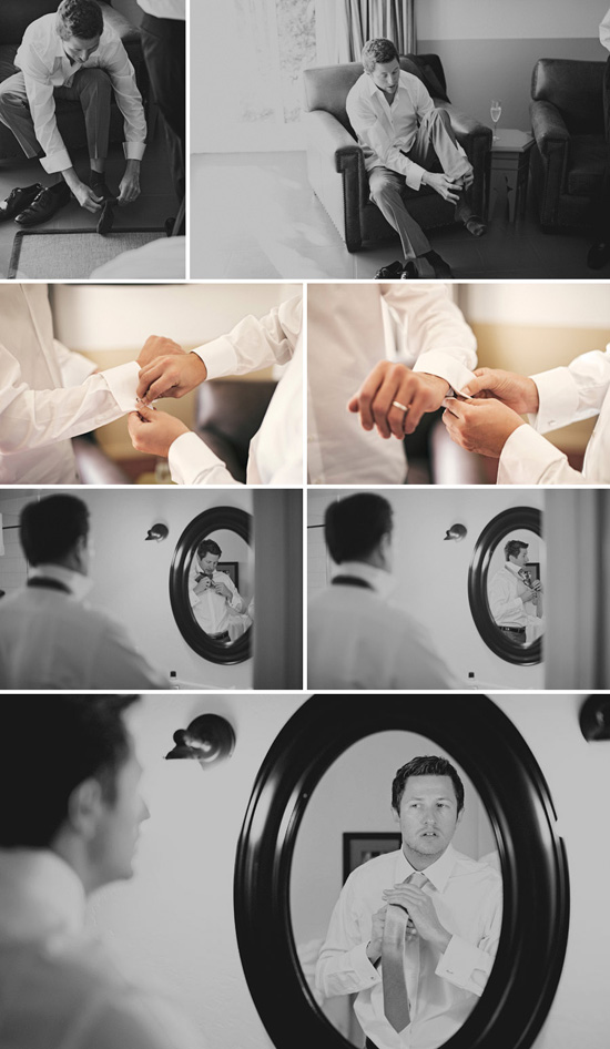 Groom getting ready, adjusting tie and cufflinks
