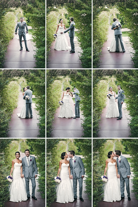 Elegant bride and groom photos along a garden path