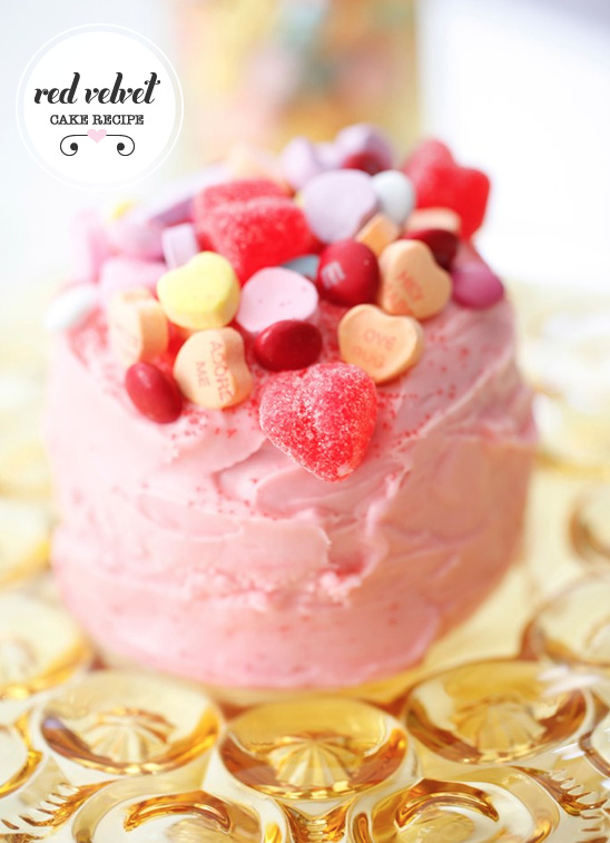 Red velvet cake with candy hearts topping dessert