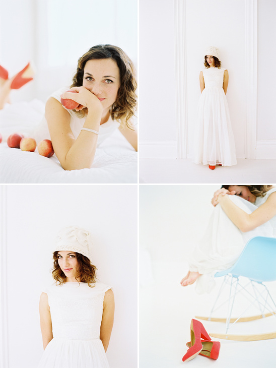 White dressed woman with peaches and red heels collage