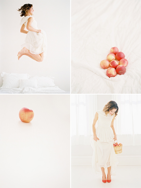Collage of woman jumping and fresh peaches on white linen