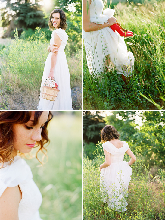 Woman in white dress in field with red shoes collage