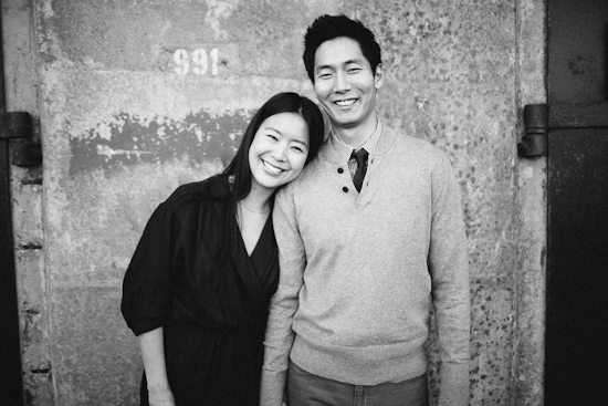 Happy young Asian couple portrait in black and white