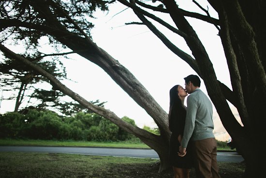 Romantic couple kissing under sprawling cypress trees