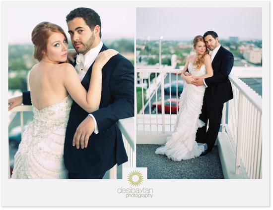 Happy couple embraces on rooftop, wedding photography