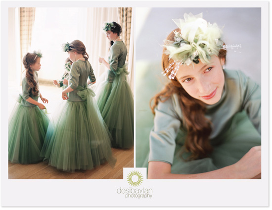 Adorable flower girls in sage green tulle dresses