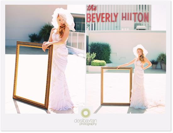 Bride in wedding dress poses with ornate mirror