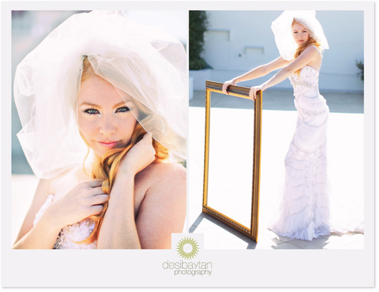 Bride in flowing white wedding dress poses near mirror