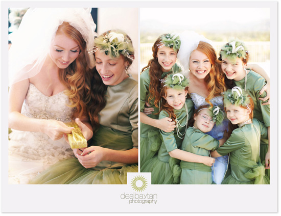 Bride and bridesmaids in green dresses for wedding