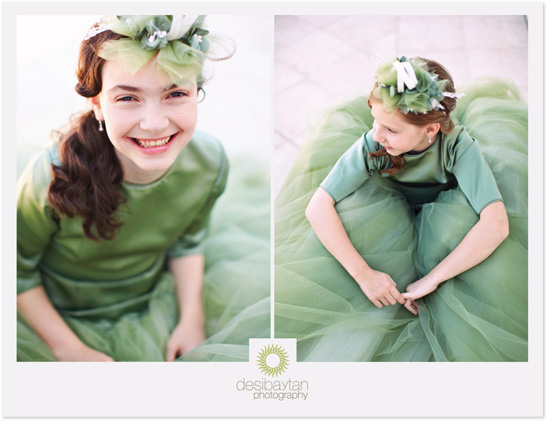 Adorable girl in sage green dress and flower crown