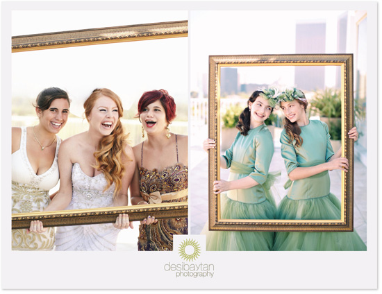 Bride and bridesmaids with flower girls in frames