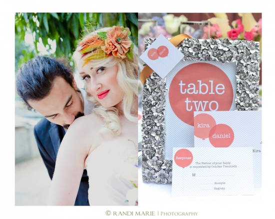 Bride getting kissed with table number and cards on display