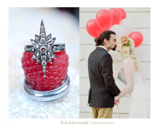 Wedding rings and kissing bride and groom with balloons