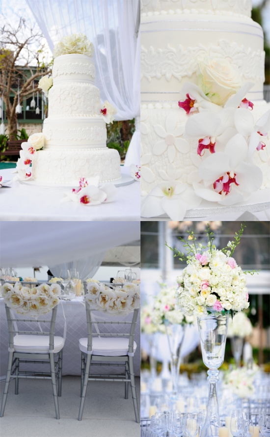 Elegant white wedding cake with orchids
