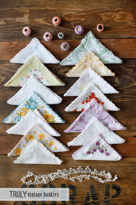 Vintage floral handkerchiefs with lace and thread spools