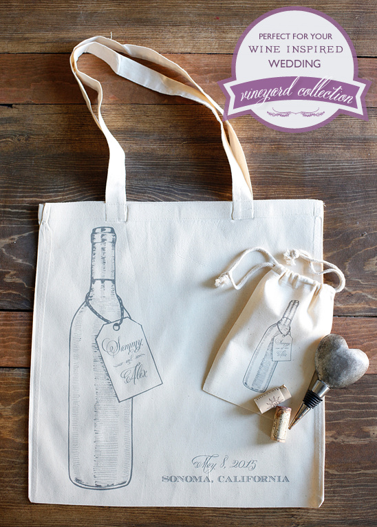 Wedding wine tote bag with bottle design and names