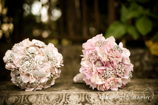 Pink wedding bouquets with vintage rhinestone brooches