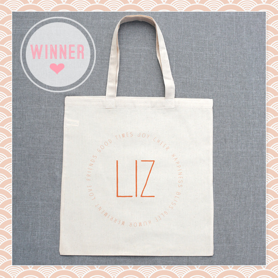 White tote bag winner prize with Liz inscription