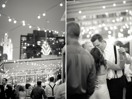 City wedding reception with dancing bride and groom