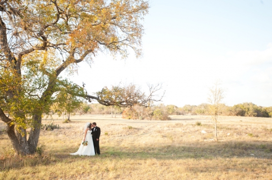 Bride and groom kiss under autumn tree in field
