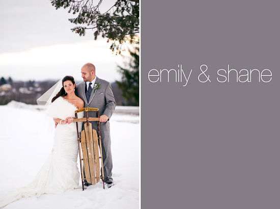 Bride and groom with a sled in winter wedding photo